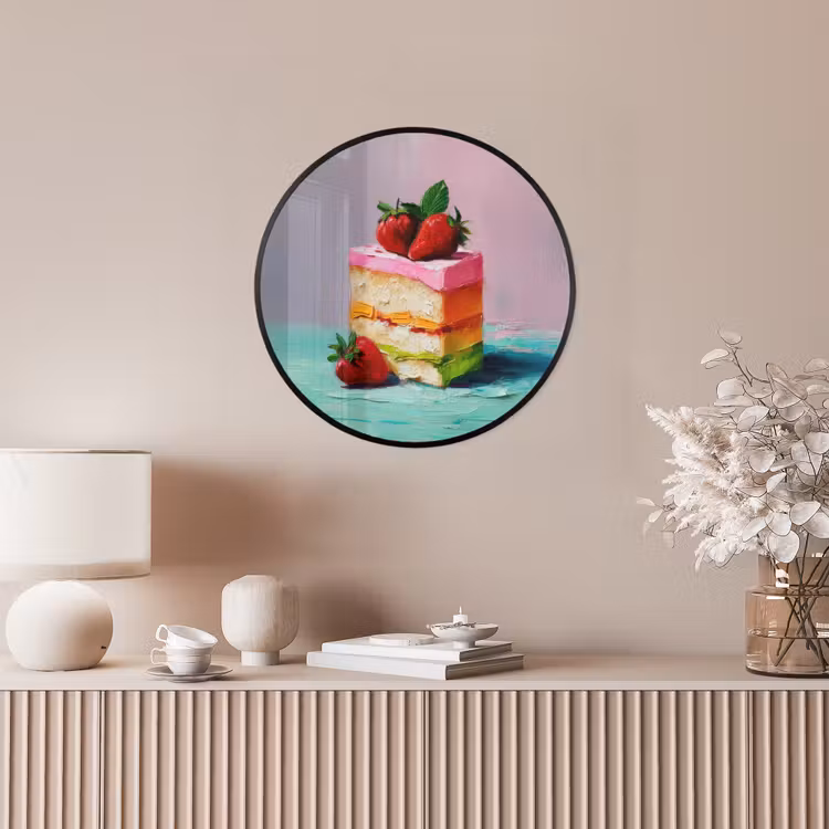 Taartje - Aardbeien - Glazuur - Kleurrijk Fotolijst rond zonder passe partout klein -sfeer3