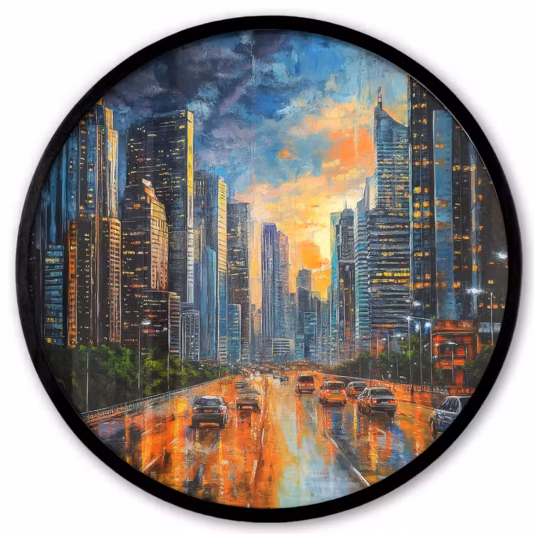 Auto - Skyline - Zon - Blauw Fotolijst rond zonder passe partout klein -3d