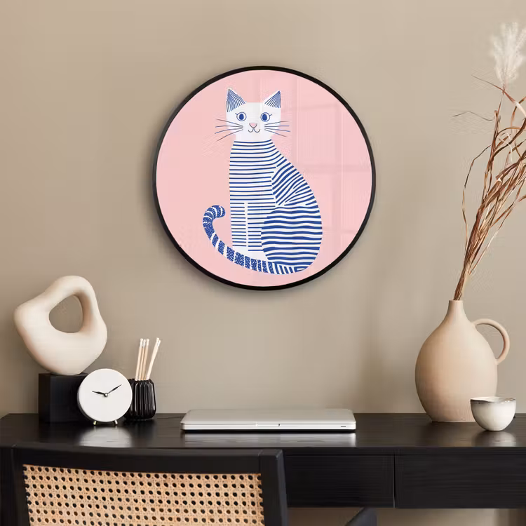 Kat - Illustratie - Minimalistisch - Roze Fotolijst rond zonder passe partout klein -sfeer1