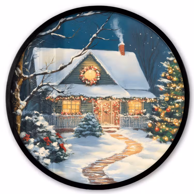 Kerst - Kerstboom - Winter - Huis - Sneeuw Fotolijst rond zonder passe partout klein -3d