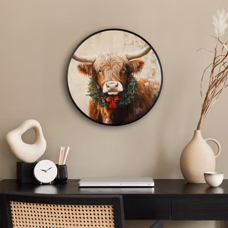 Kerst - Schotse Hooglander - Bruin - Krans Fotolijst rond zonder passe partout klein -sfeer1