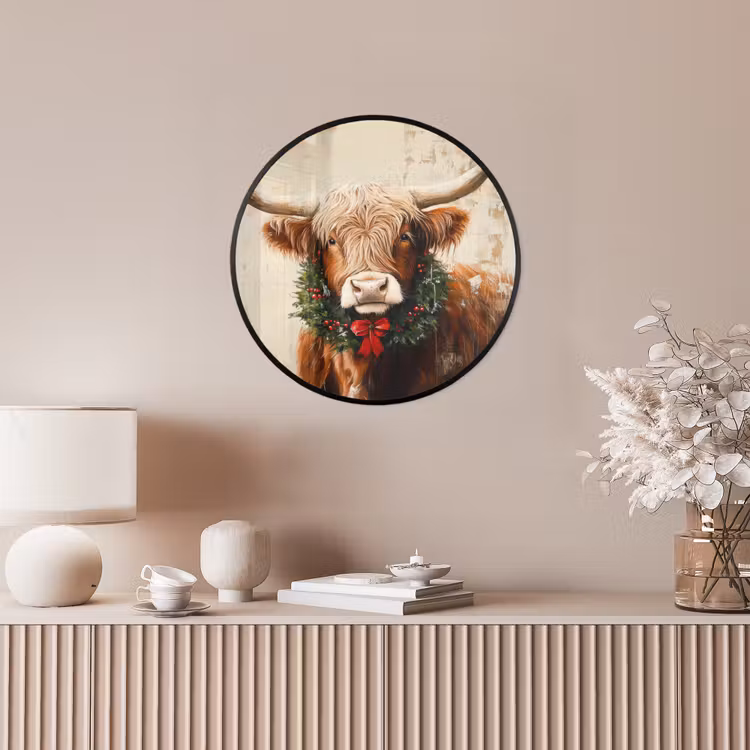 Kerst - Schotse Hooglander - Bruin - Krans Fotolijst rond zonder passe partout klein -sfeer3