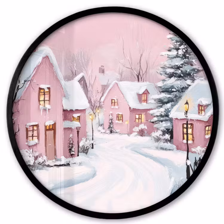 Kerstdorp - Roze - Winter - Sneeuw - Huizen Fotolijst rond zonder passe partout klein -3d