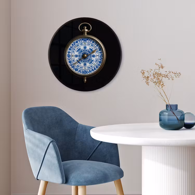 Kompas - Delfts blauw - Zwart Fotolijst rond zonder passe partout klein -sfeer2