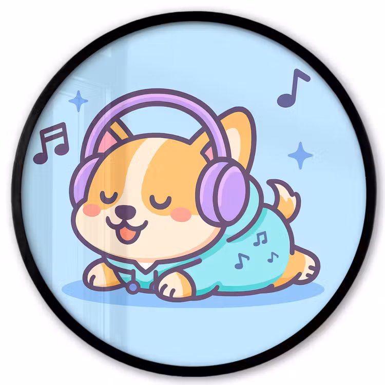 Corgi - Koptelefoon - Blauw - Muzieknoten Fotolijst rond zonder passe partout klein -3d