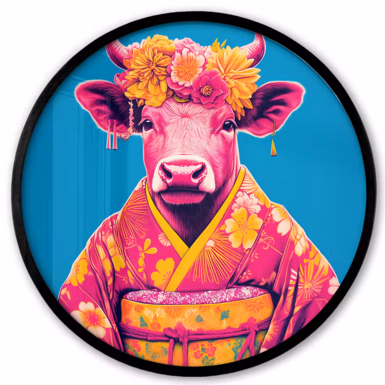 Koe - Bloemenkrans - Oorhangers - Kimono Fotolijst rond zonder passe partout klein -3d