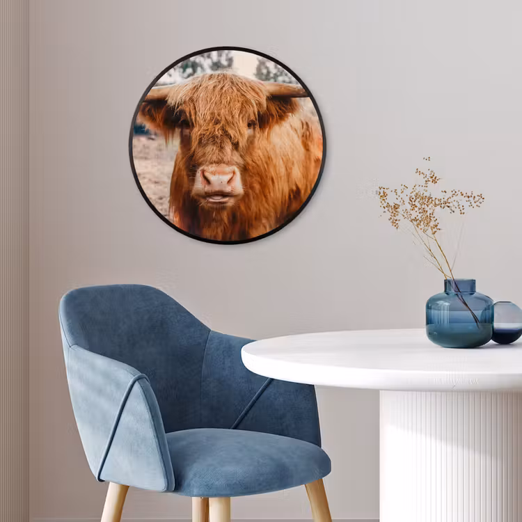 Koe- Schotse hooglander - Hoorns - Bruin - Landschap Fotolijst rond zonder passe partout klein -sfeer2