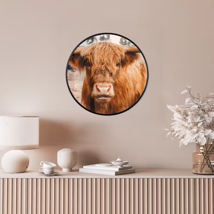 Koe- Schotse hooglander - Hoorns - Bruin - Landschap Fotolijst rond zonder passe partout klein -sfeer3