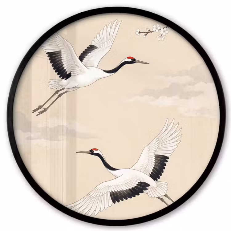 Kraanvogels - Bloesem - Beige Fotolijst rond zonder passe partout klein -3d