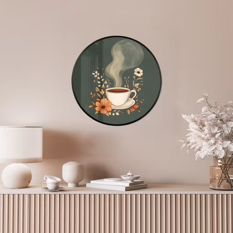 Kop - Bloemen - Groen - Koffie Fotolijst rond zonder passe partout klein -sfeer3