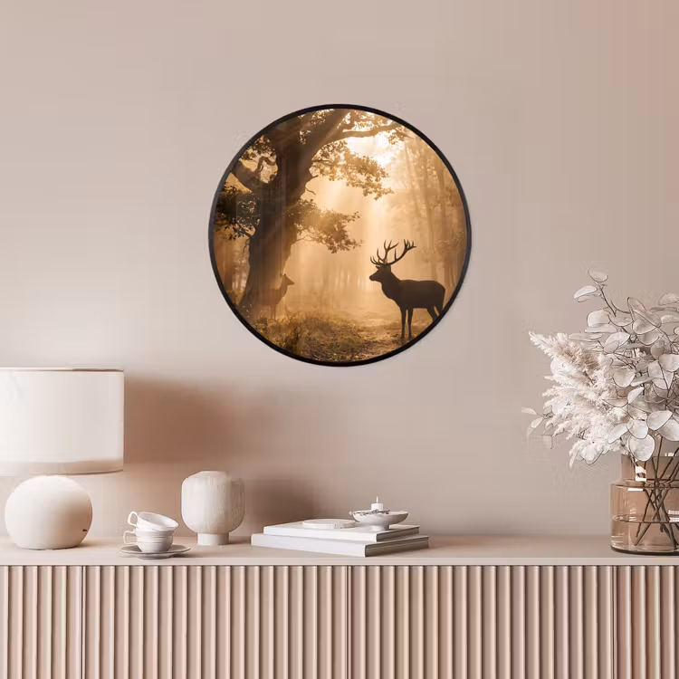 Hert - Bos - Mistig - Natuur - Goud Fotolijst rond zonder passe partout klein -sfeer3