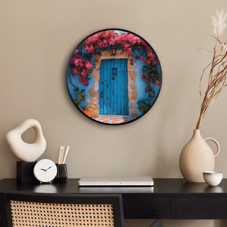 Deur - Hout - Bloemen - Blauw Fotolijst rond zonder passe partout klein -sfeer1