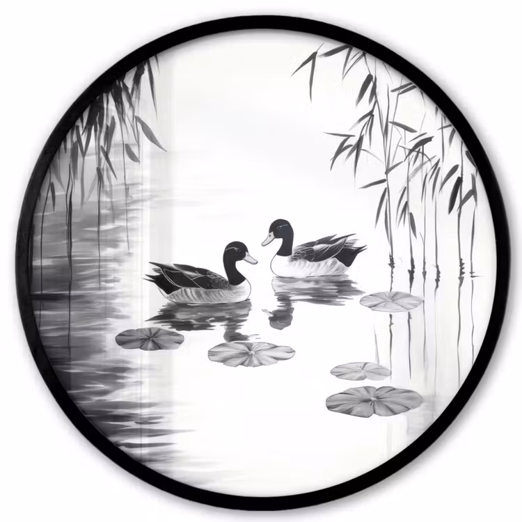 Eenden - Waterlelies - Riet - Zwart Fotolijst rond zonder passe partout klein -3d