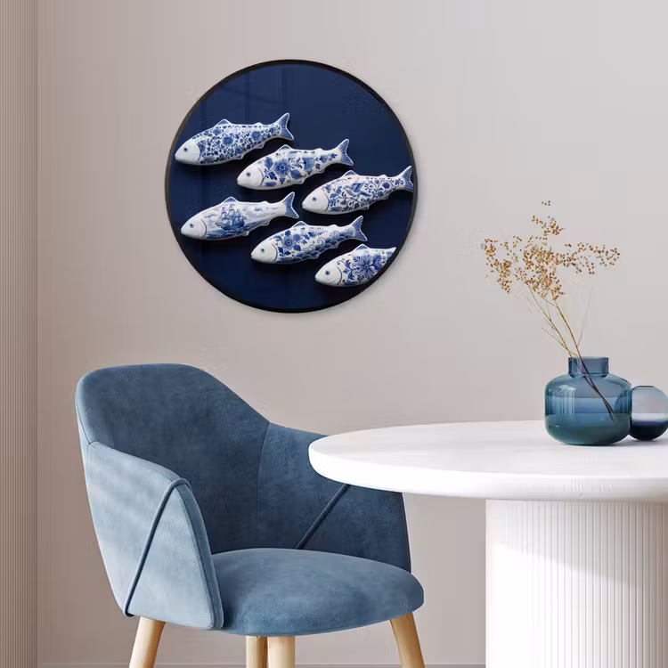 Vissen - Delfts - Blauw - Keramiek Fotolijst rond zonder passe partout klein -sfeer2
