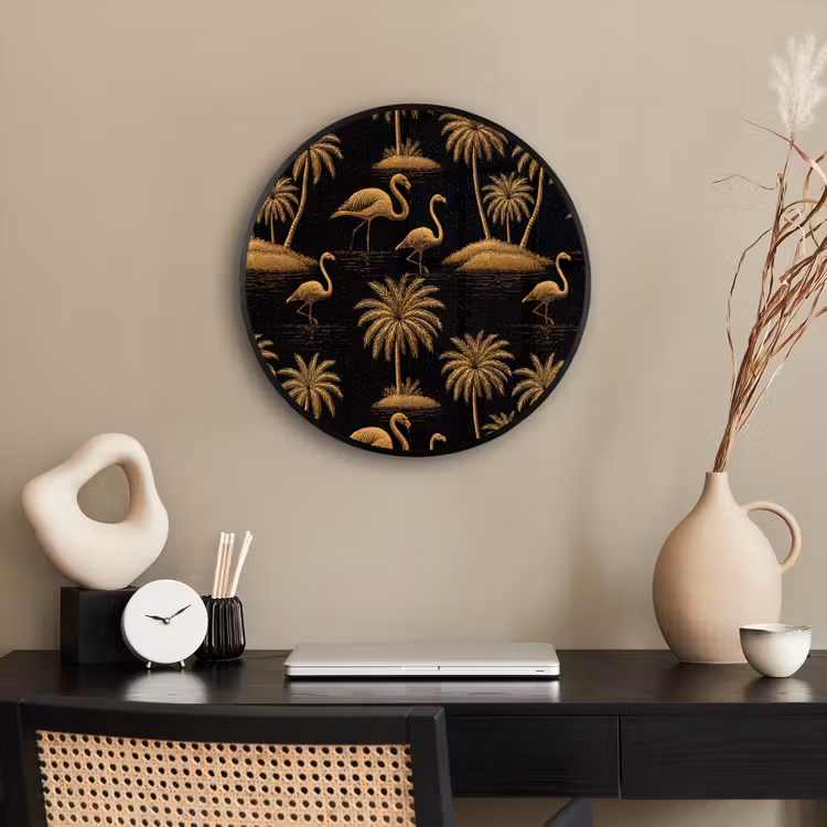 Flamingo - Palmbomen - Tropisch - Goud - Zwart Fotolijst rond zonder passe partout klein 856 -sfeer1