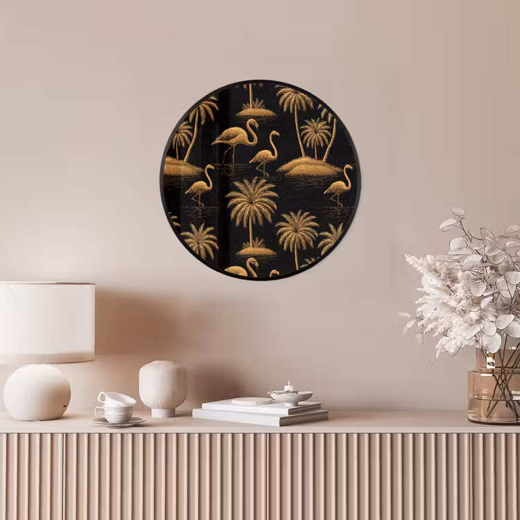 Flamingo - Palmbomen - Tropisch - Goud - Zwart Fotolijst rond zonder passe partout klein 856 -sfeer3