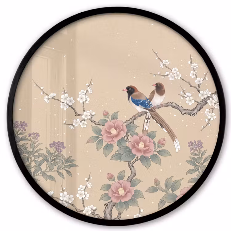 Bloemen - Vogels - Bloemen Fotolijst rond zonder passe partout klein -3d