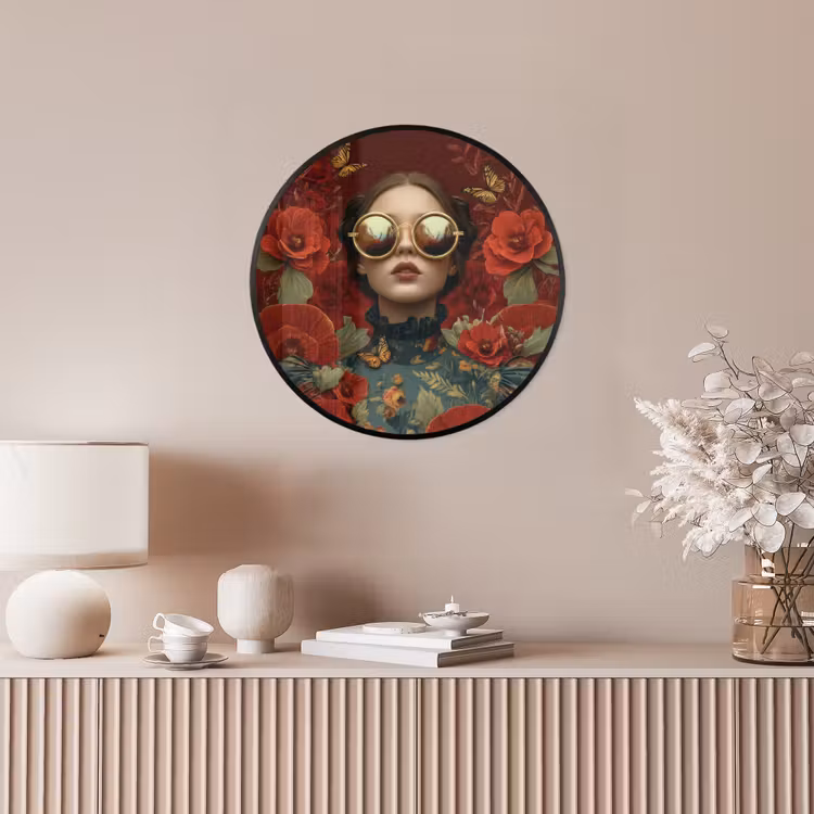 Bloemen - Dieprood - Zonnebril - Vrouw Fotolijst rond zonder passe partout klein -sfeer3