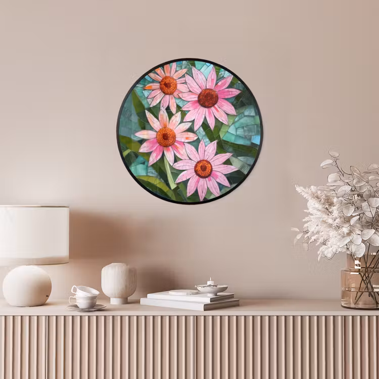 Bloemen - Roze - Glasmozaïek Fotolijst rond zonder passe partout klein -sfeer3