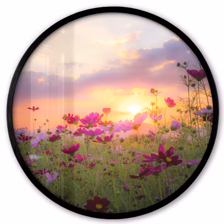 Bloemen - Roze - Zonsondergang - Natuur - Weide - Horizon Fotolijst rond zonder passe partout klein -3d