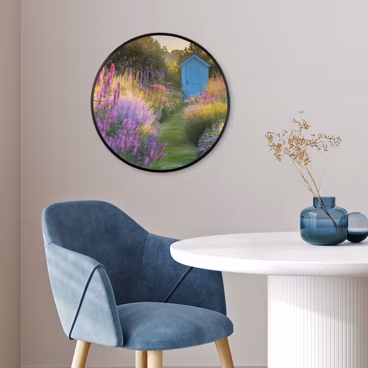 Tuinhuisje - Blauw - Bloemen Fotolijst rond zonder passe partout klein -sfeer2