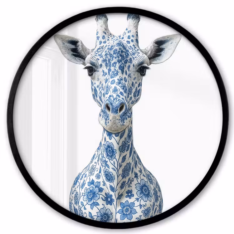 Giraffe - Delfts blauw - Dieren - Minimalistisch Fotolijst rond zonder passe partout klein -3d