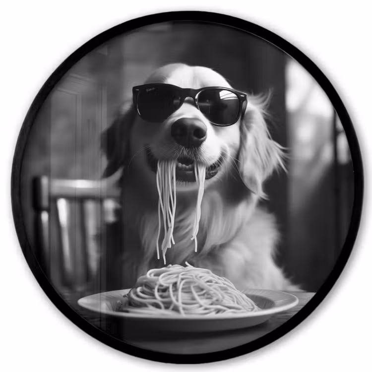 Golden Retriever - Hond - Vrolijk - Bord spaghetti - Zwart - wit Fotolijst rond zonder passe partout klein -3d