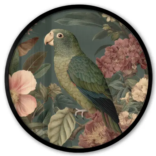 Groene papegaai - Kleurrijke bloemen - Donkere achtergrond Fotolijst rond zonder passe partout klein -3d