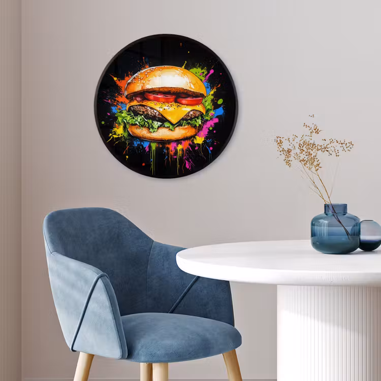 Hamburger - Graffiti - Verf - Kleurrijk - Eten - Abstract Fotolijst rond zonder passe partout klein -sfeer2