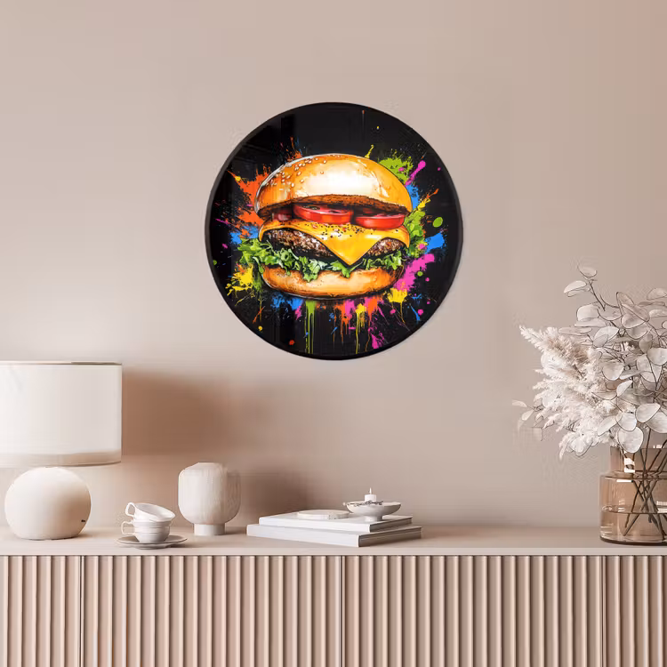 Hamburger - Graffiti - Verf - Kleurrijk - Eten - Abstract Fotolijst rond zonder passe partout klein -sfeer3