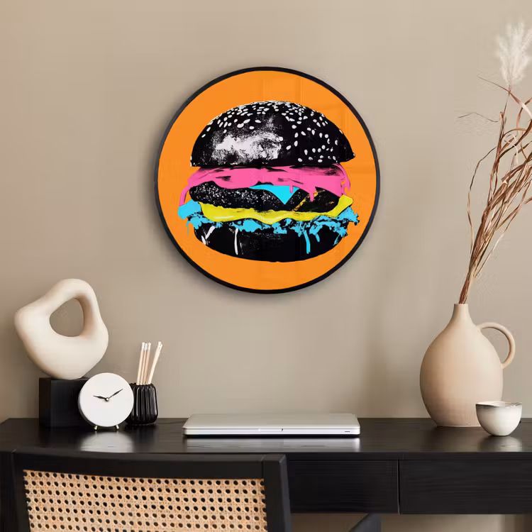 Hamburger - Oranje - Neon - popart Fotolijst rond zonder passe partout klein -sfeer1