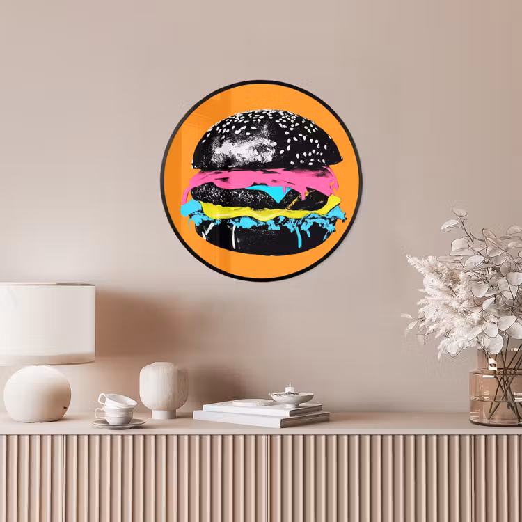 Hamburger - Oranje - Neon - popart Fotolijst rond zonder passe partout klein -sfeer3