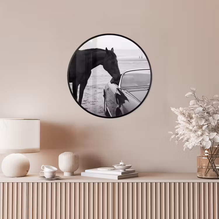 Paard - Auto - Zwart - Wit Fotolijst rond zonder passe partout klein -sfeer3