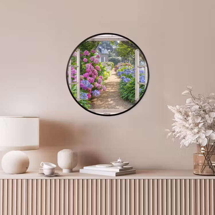 Hortensia - Doorkijk - Bloemen - Zomer - Paars - Pad Fotolijst rond zonder passe partout klein -sfeer3