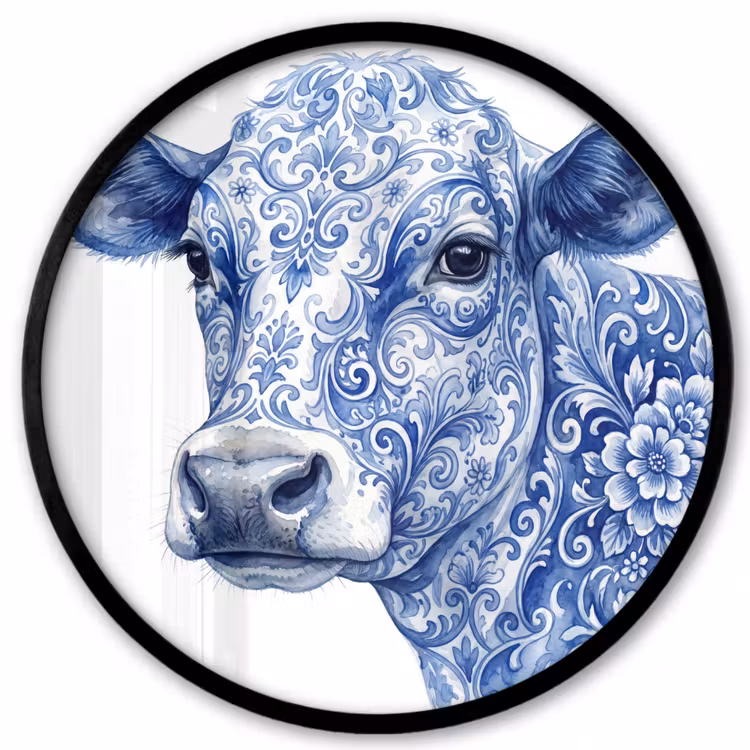 Illustratie - Koe - Blauw Fotolijst rond zonder passe partout klein -3d