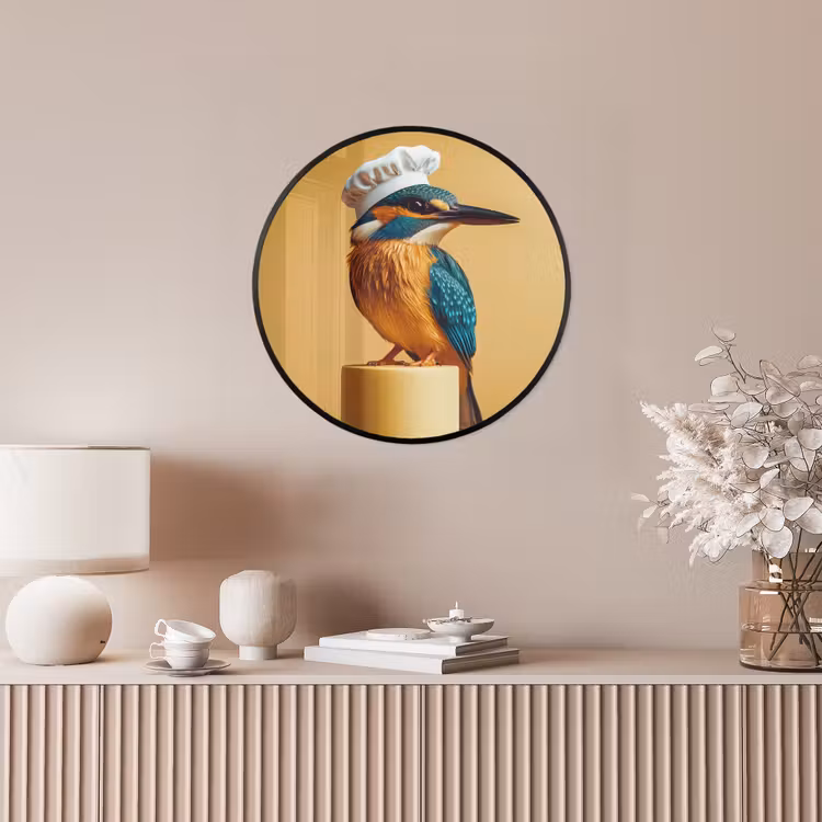 Ijsvogel - Pilaar - Koksmuts - Vogel Fotolijst rond zonder passe partout klein -sfeer3