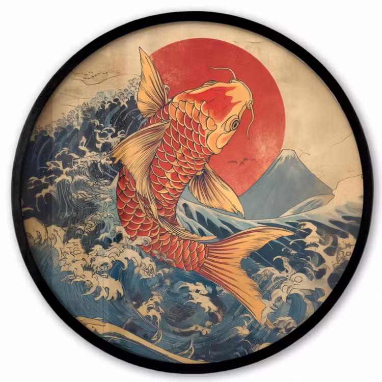 Koi - Zee - Golven - Zon Fotolijst rond zonder passe partout klein -3d