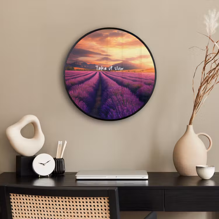 Lavendelveld - Quote - Zonsondergang Fotolijst rond zonder passe partout klein -sfeer1