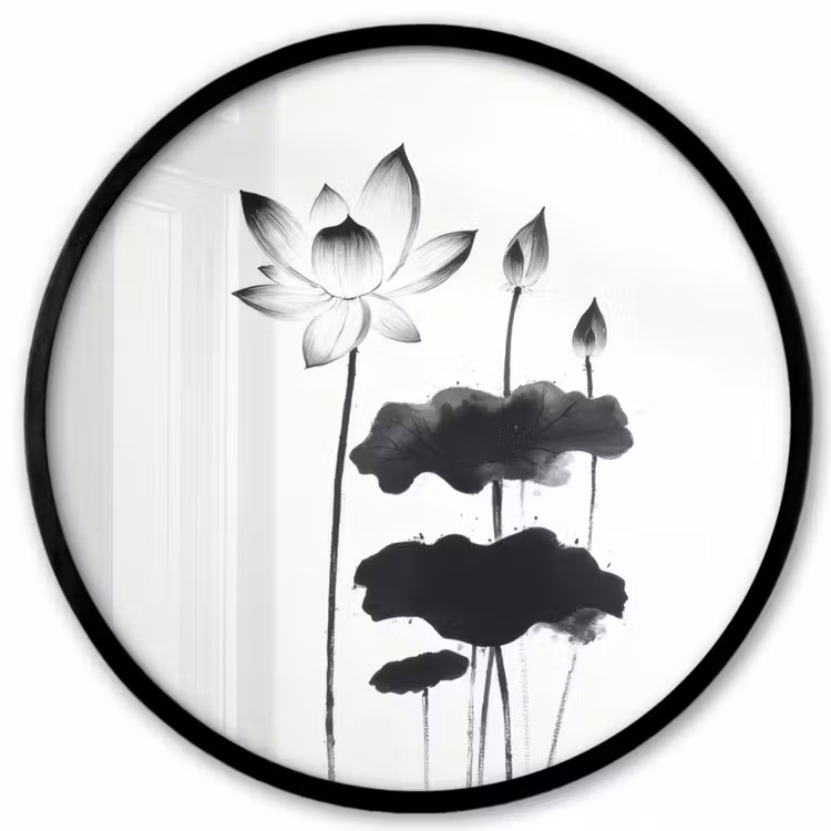 Bladeren - Zwart - Lotusbloem - Minimalitisch Fotolijst rond zonder passe partout klein -3d
