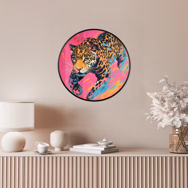 Luipaard - Roze - Oranje - Blauw - Verf Fotolijst rond zonder passe partout klein -sfeer3