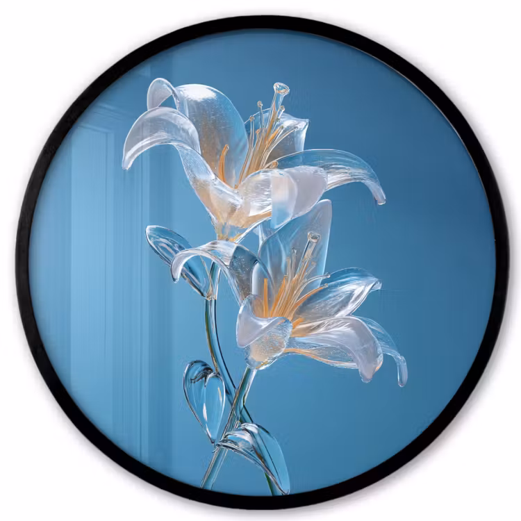 Lelies - Blauw - Glazen Fotolijst rond zonder passe partout klein -3d