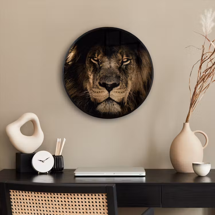 Leeuw - Dieren - Zwart - Portret Fotolijst rond zonder passe partout klein -sfeer1