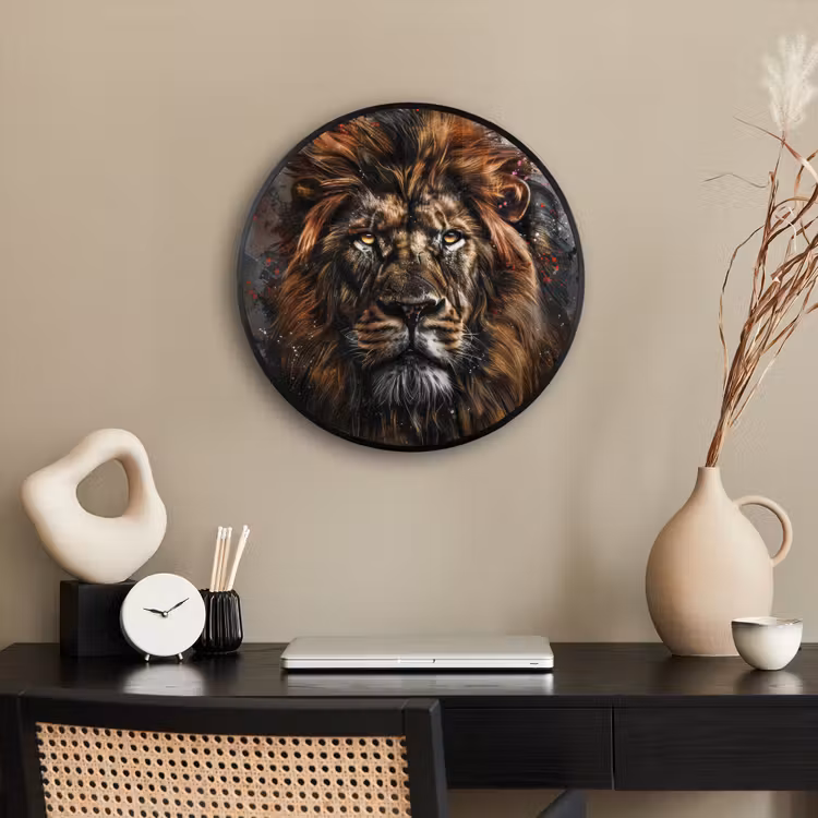 Leeuw - Dieren - Portret - Zwart - Luxe Fotolijst rond zonder passe partout klein -sfeer1