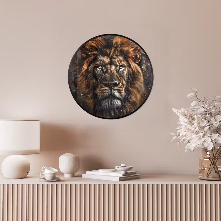 Leeuw - Dieren - Portret - Zwart - Luxe Fotolijst rond zonder passe partout klein -sfeer3
