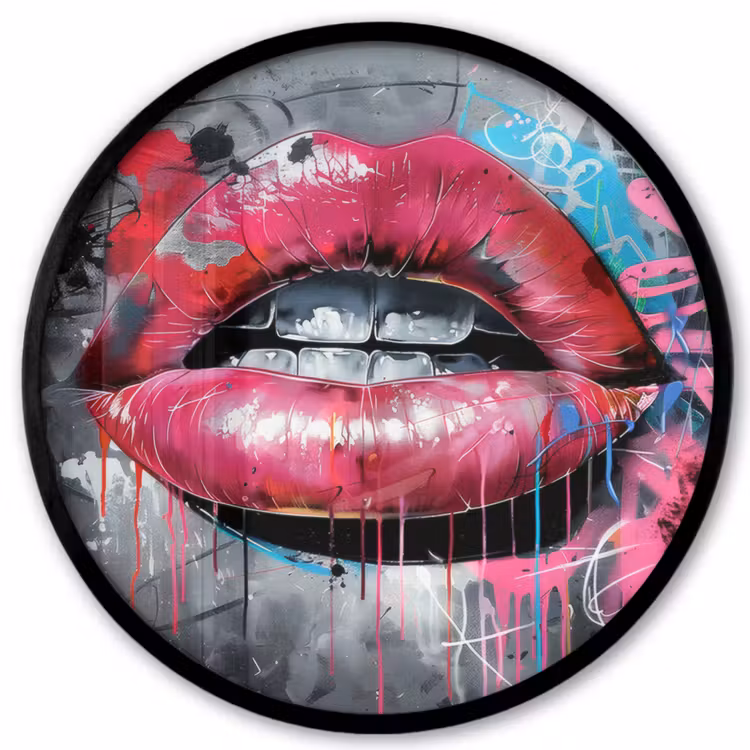 Lippen - Felroze - Graffiti - Verfstrepen Fotolijst rond zonder passe partout klein -3d