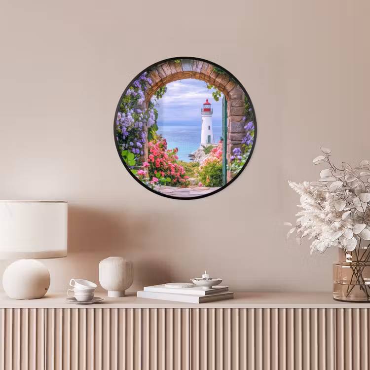 Doorkijk - Vuurtoren - Bloemen - Uitzicht Fotolijst rond zonder passe partout klein -sfeer3