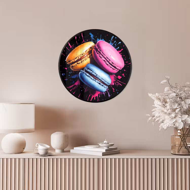 Macarons - Dessert - Graffiti - Kleurrijk - Roze - Blauw - Geel Fotolijst rond zonder passe partout klein -sfeer3