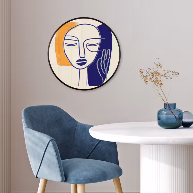 Minimalistisch - Gezicht - Hand - Oranje - Blauw Fotolijst rond zonder passe partout klein -sfeer2