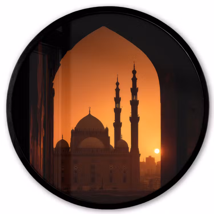 Moskee - Oranje lucht - Islamitisch Fotolijst rond zonder passe partout klein -3d