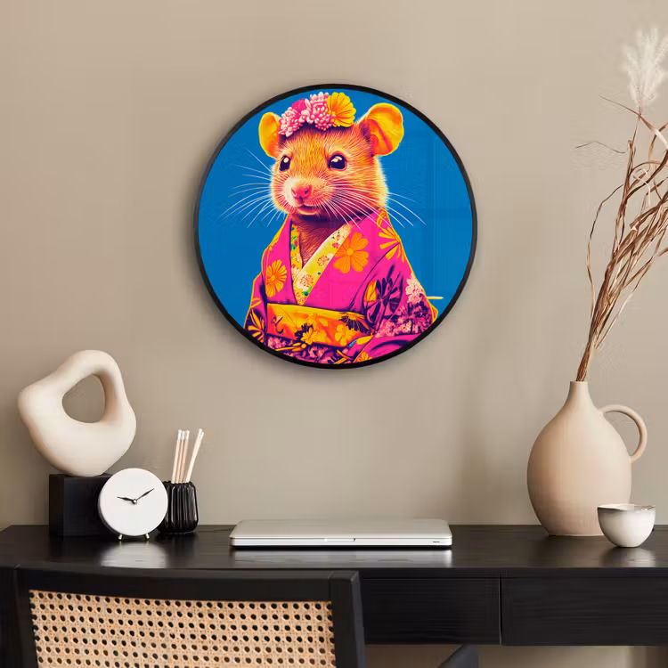 Muis - Kimono - Bloemen - Blauw Fotolijst rond zonder passe partout klein -sfeer1